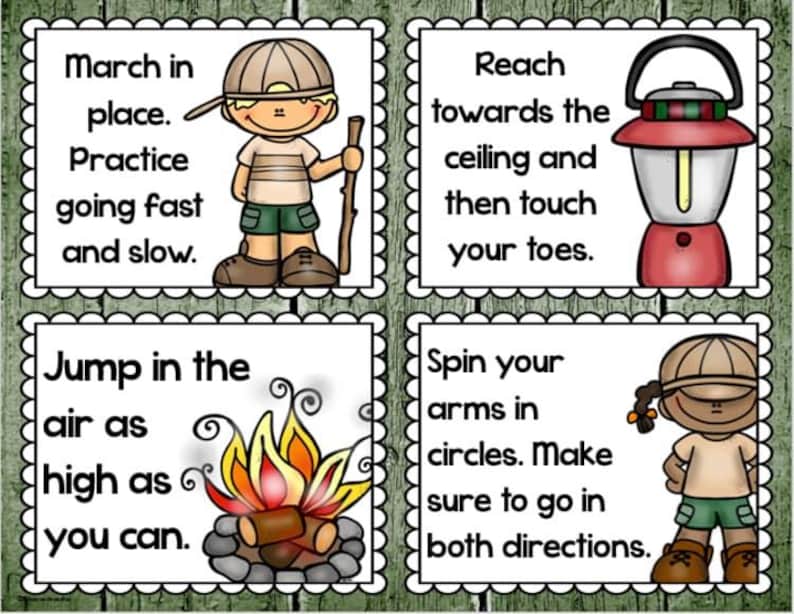 May include: Four illustrated cards with exercise instructions. One card shows a cartoon child with a walking stick, the text says "March in place. Practice going fast and slow." Other cards show a lantern, campfire, and child.