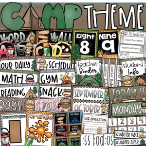 Könnte beinhalten: Eine Collage von Klassenzimmerdekorationselementen mit Camping-Thema. Enthält Schilder für "Word Wall", "Our Daily Schedule", "Math", "Reading", "Boys", "Girls" und Monate. Verfügt über eine Uhr, Zahlen und den Text "Camp Theme".