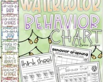 May include: A watercolor-style behavior chart with the words "Watercolor Behavior Chart" in large letters. The chart includes various sections like "Think Sheet" and "Behavior Chart" for classroom use. The background is light green.