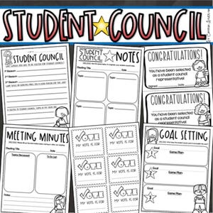 May include: A collection of black and white student council themed printables. Includes forms for notes, meeting minutes, goal setting, and voting. The title "Student Council" is displayed at the top in red and black.