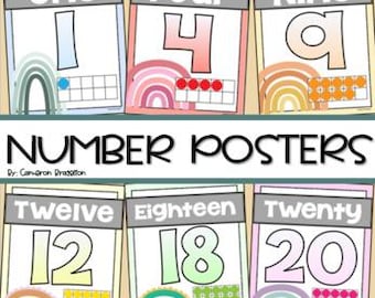 May include: Set of six number posters with the numbers one, four, nine, twelve, eighteen, and twenty. Each poster features a number, its word form, and a rainbow graphic. The text "NUMBER POSTERS" is displayed in the center.