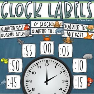 May include: Educational clock labels with sea creature illustrations. The labels include "O'Clock", "Quarter Past", "Quarter After", "Quarter To", "Quarter Till", and "Half Past". The clock face shows the time as 2:00.