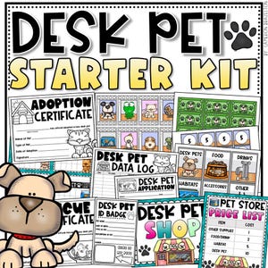 May include: A Desk Pet Starter Kit with printable sheets for pet care, including an adoption certificate, data log, and ID badge. The kit features cartoon animal illustrations and the text "Desk Pet Shop".