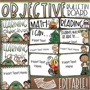 May include: A bulletin board design with the title "OBJECTIVE BULLETIN BOARD" and the word "EDITABLE!" at the bottom. The design includes sections for "LEARNING Objectives", "MATH", "READING", and "LEARNING targets", with space to insert text. The design has a camping theme.