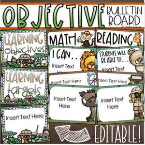 May include: Editable bulletin board set with a jungle theme. The set includes headers for "Learning Objectives", "Learning Targets", "Math", and "Reading". Each header has a different jungle animal illustration. The set also includes editable cards with jungle animal illustrations and text boxes for inserting learning objectives.