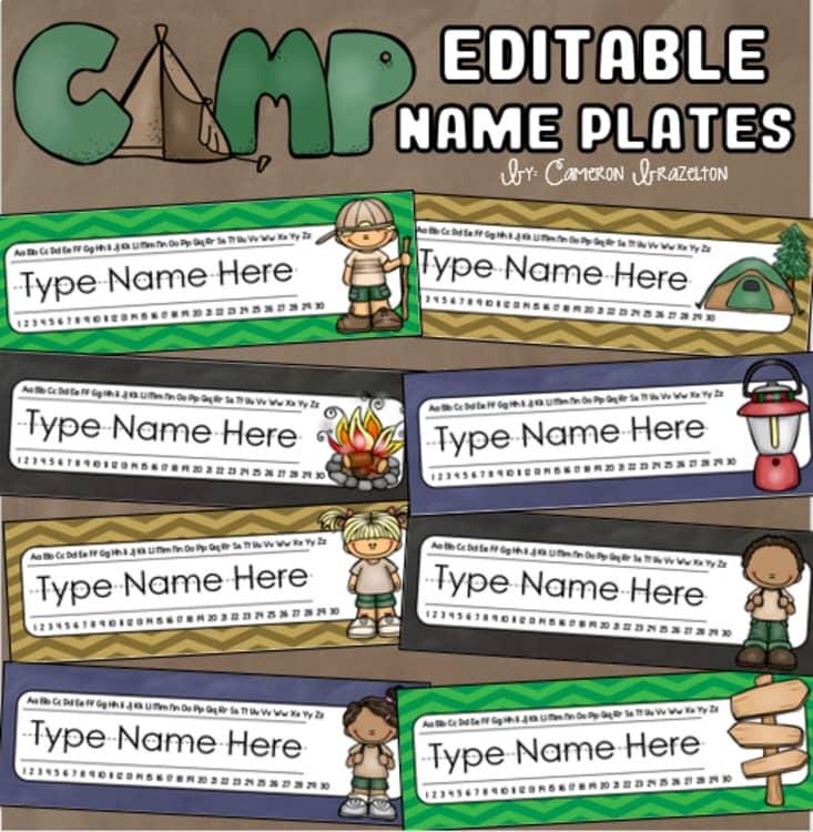 Name Tags Plates Desk Labels Camping Camp Out Theme Editable INSTANT DOWNLOAD