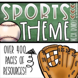 Könnte beinhalten: Grafik für ein Mega-Bundle zum Thema Sport. Das Bild zeigt einen Baseball, einen Baseballhandschuh und die Worte "SPORTS THEME" in großen weißen Buchstaben. Der Text "OVER 400 PAGES OF RESOURCES!" ist ebenfalls enthalten.