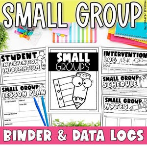 Op de afbeelding: Een verzameling printbare educatieve documenten met de titels Small Group, Student Intervention Information, Intervention Log, Small Group Schedule, Small Group Lesson Plan en Small Group Notes, voorzien van zwart-witte potloodillustraties.