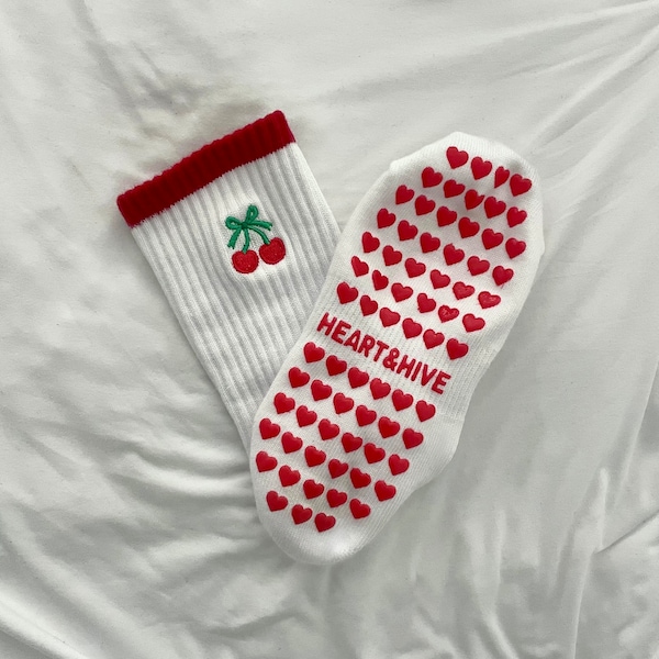 Trendy Pilates Socks / Yoga Socks / Barre Socks with heart grips and embroidered cherry