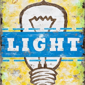 May include: A yellow and blue painted sign with a light bulb illustration and the text "You are light" and "Ephesians 5:8".
