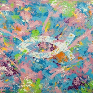 Jesus Fish, Christian Fish, abstract pastel color painting, fish art, colorful christian painting, ichthys, Jesus Christ Son of God Savior
