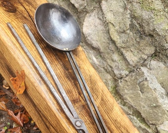 Hand forged egg spoon. Blacksmith hand made carbon steel egg pan.
