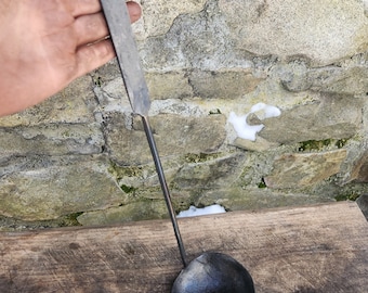 Forged steel serving ladle. Blacksmith hand made carbon steel spoon cooking utensil