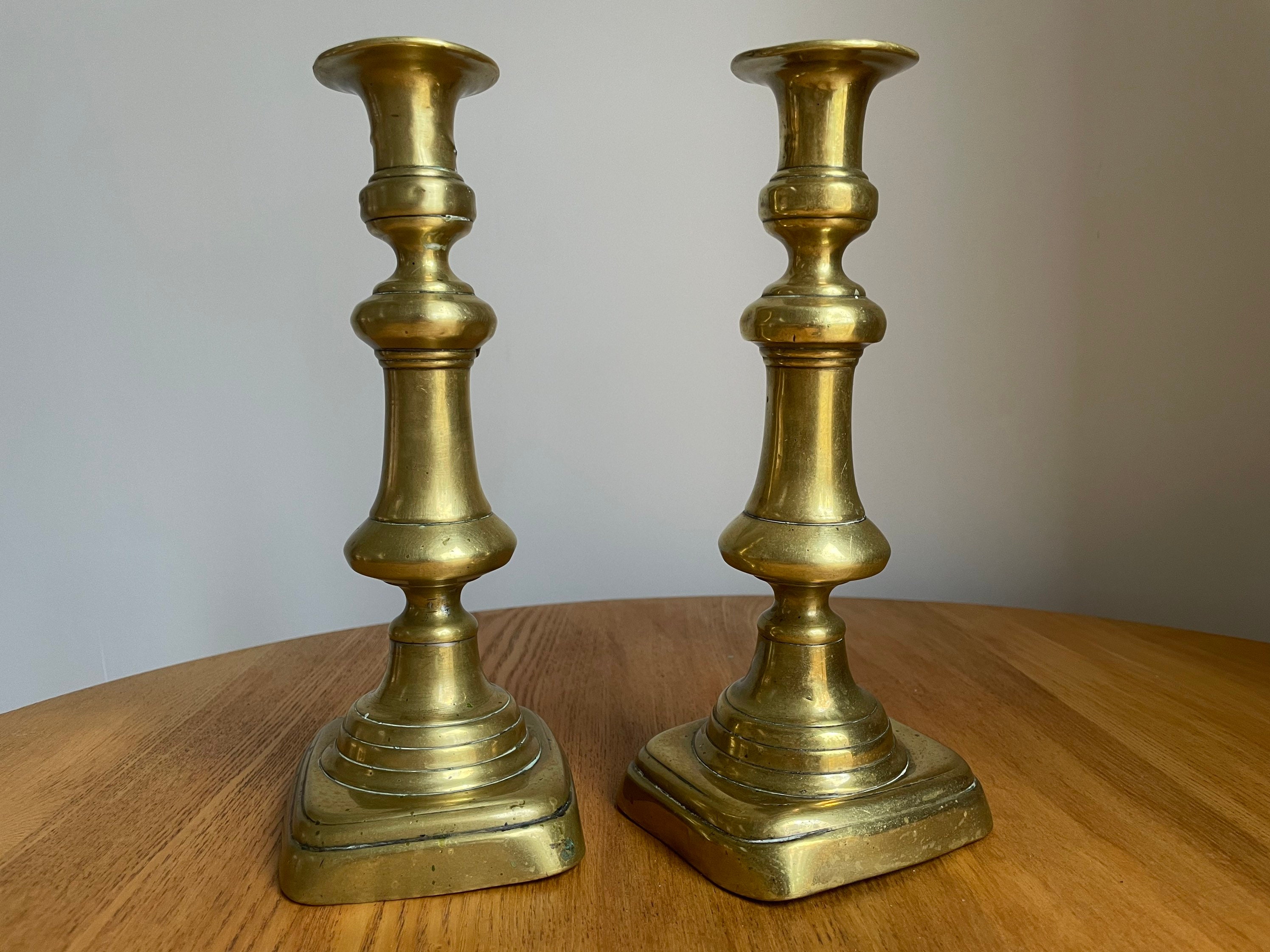 Pair of Vintage Brass Candle Sticks With Square Base Beehive
