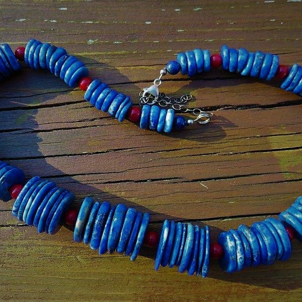 Vintage Lapis Lazuli Coral Disk Necklace