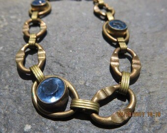 Art Deco Brass Bracelet with Blue Stones Great Design