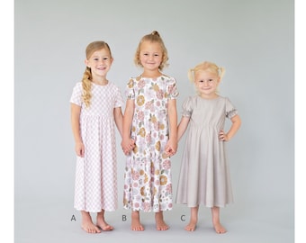 Girls Slim Dress Pattern - sizes 1-16 | girls maxi dress | gathered sleeve | elastic waist | Sew Basic
