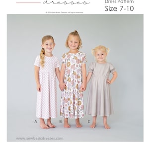 May include: A sewing pattern for a girls' slim dress in sizes 7-10. The pattern includes instructions and fabric requirements for different sizes. The image shows three girls wearing different versions of the dress.