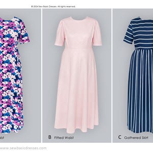 May include: Three different styles of dresses: a floral print dress with an elastic waist, a solid pink dress with a fitted waist, and a striped blue and white dress with a gathered skirt.