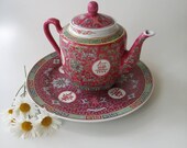 Vintage Chinese Teapot and Plate Mun Shou Chinese Porcelain, Longevity Jingdezhen, Chinese Famille Rose, Pink Teapot for Tea Lover Gift,