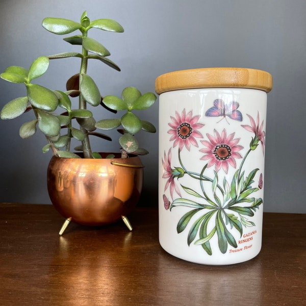 Vintage Portmeirion Botanic Garden Canister | Large 7 Inch, Treasure Flower, Susan Williams-Ellis Botanical White Ceramic Kitchen Storage