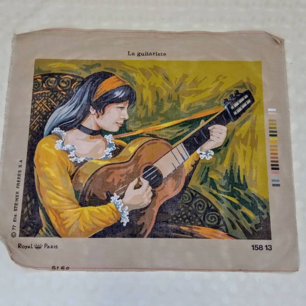 Vintage Embroidery Canvas Royal Paris | La Guitariste, 19 x 24 Inch Spanish Revival, DIY Wall Tapestry Embroidery Canvas, France 1977,