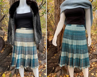 Vintage Blue Teal Plaid Reversible Pleated Skirt | X-Small 1950s In 'N Outer Sportrite Plaid Tartan Wool Skirt Midi Turnabout Preppy Skirt,