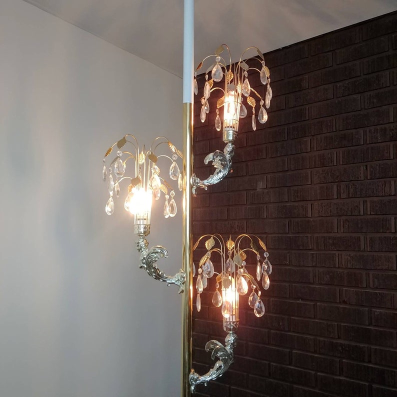 Vintage Brass Tension Pole Lamp Gold Cherubs Hollywood Regency Art Deco Celestial Decor Tri Light Floor 8 5 Ft