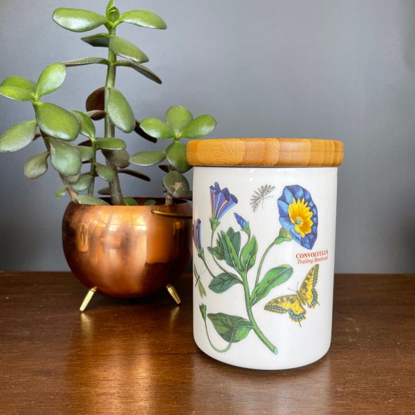 Vintage Portmeirion Botanic Garden Canister | Large 5.6 Inch Trailing Bindweed, Susan Williams-Ellis Botanical White Ceramic Kitchen Storage