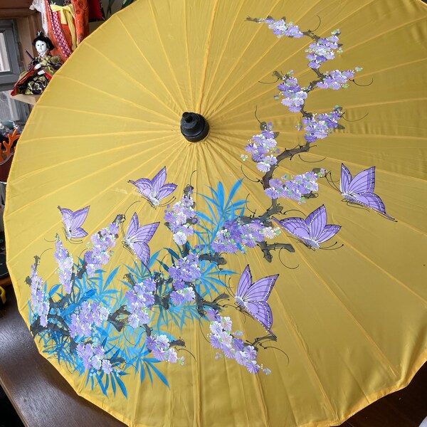 Vintage Yellow and Purple Wedding Parasol | Japanese Purple Butterfly Umbrella, Summer Wedding Photo Prop, 42 Inch Diameter, Hand Painted