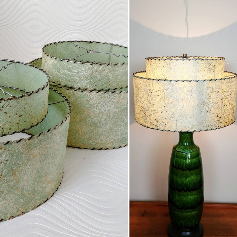 Vintage Pair Of Two Tier Fiberglass Lamp Shades Atomic Style Mint With Gold Stars Celestial Theme Living Lighting