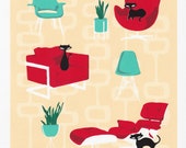 Mid Century Style Eames Era Art Modern Black Cat Art, Eames Lounger, Egg Chair, Bullet Planter, Original Limited Edition Serigraph Prints