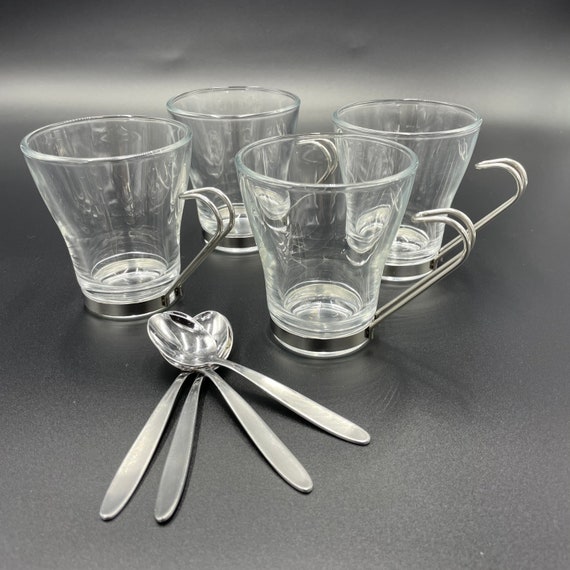 Vintage Italian Vitrosax Glass Coffee Mugs Cups With Removable Stainless  Steel Handles, Espresso Cups Set 