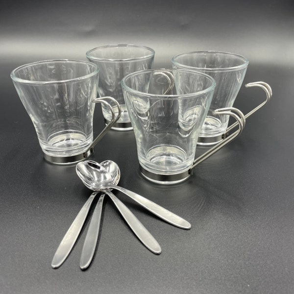 Vintage Verdi Oslo for Bormioli Rocco Cappuccino Mugs | Set of 2 or 4, Vitrosax Glass Italian Coffee Mugs, Modern Glass & Stainless Steel
