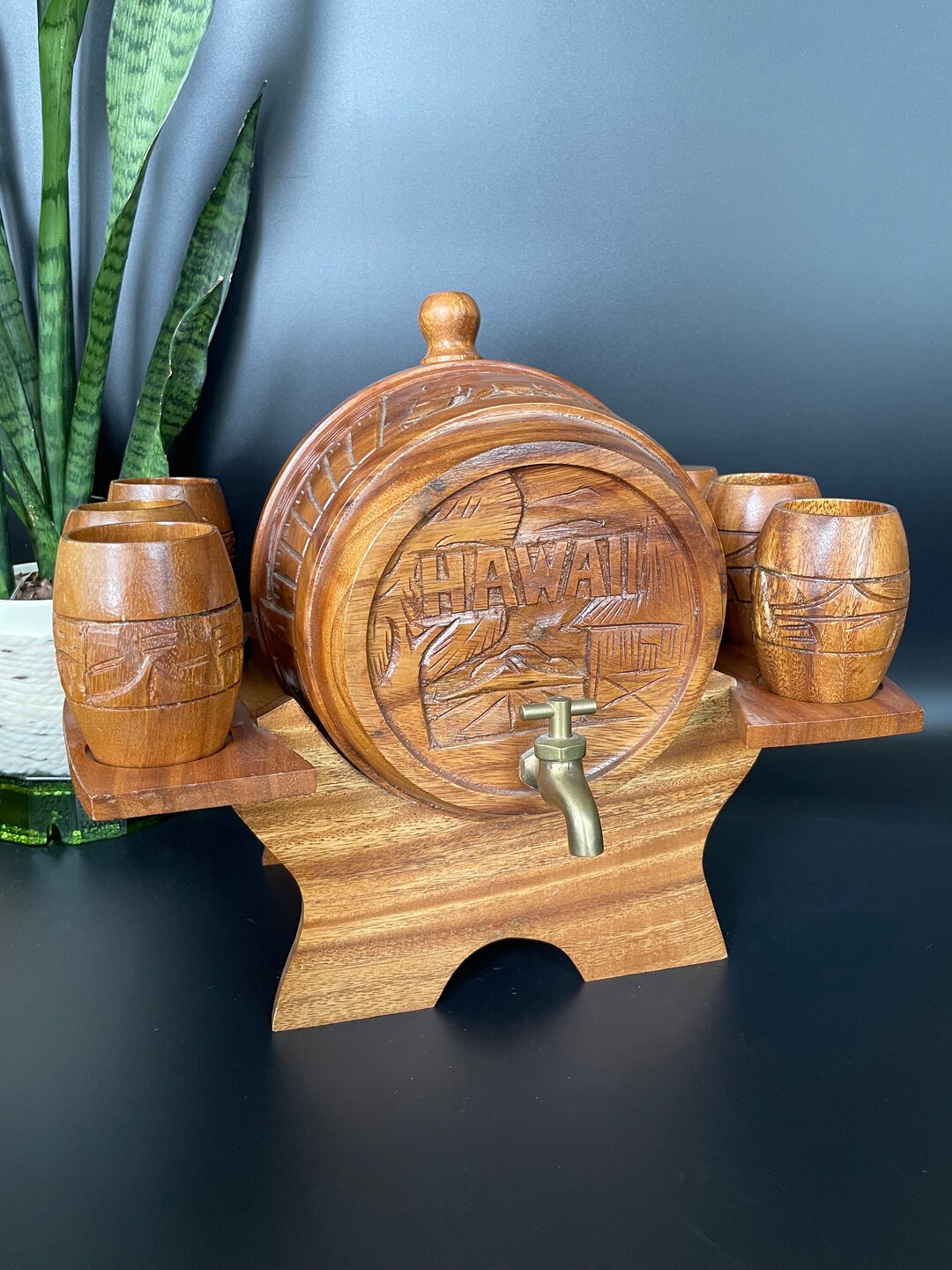 Vintage Hawaii Whisky Barrel With Stand and 6 Glasses, Bar Cart