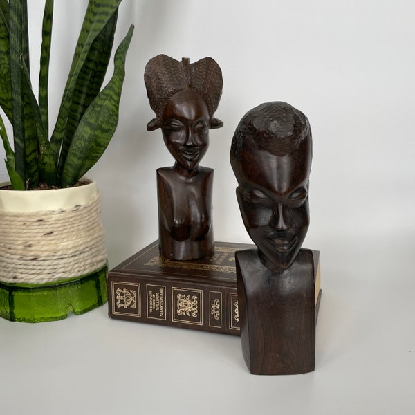 Vintage Ebony Tribal Art Statues | Native African Hand Carved Bookends, Executive Office Decor, Male Female Bust African Art Bookends,