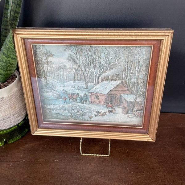 Vintage 3D Paper Tole Winter Rustic Log Cabin Farm Scene | 12 x 10 Inch Winter Cabin Scene, Seasonal Christmas Wall Decor, Vintage Christmas