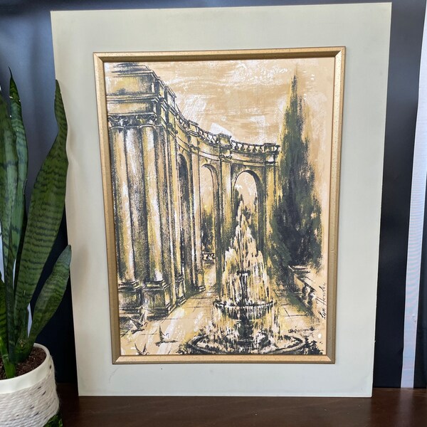 Vintage Large Roman Style Serigraph | Dark Academia Wall Art, Lyn Howley, Circa 1950's, Inner Frame on Board by Van Amstel, California