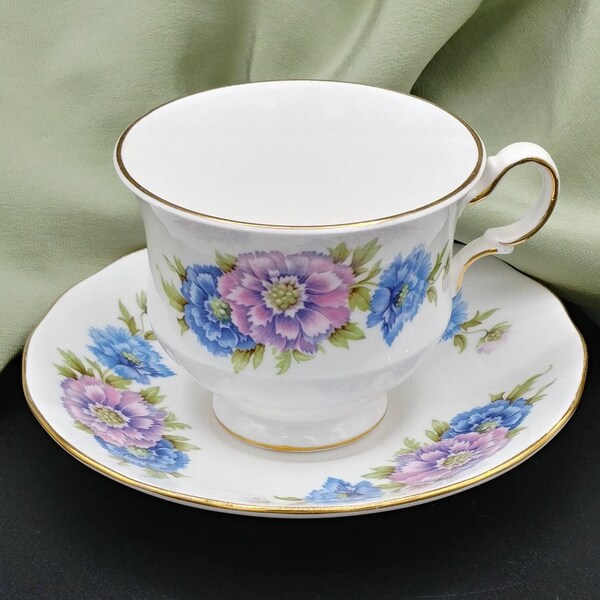 Queen Anne Teacup  | Queen Anne China Cabinet Duo, Pedestal Dahlias, Spring Flowers Farmhouse Decor, Gardeners Gift for Mom