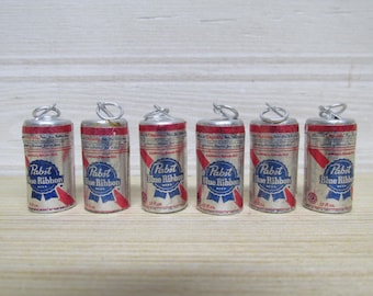 Lot of 6 Tiny Beer Can Charms/Pabst Blue Ribbon Beer Can Minis/Made in Hong Kong 1970s