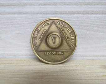 Vintage 5 Year Sobriety Coin Medallion/AA Token/Recovery/Serenity Prayer/Unity