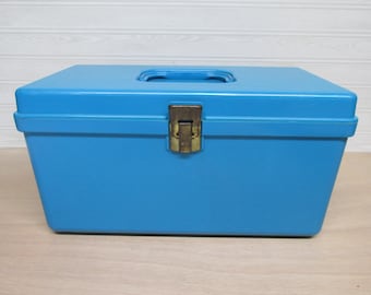 Wil-Hold Aqua Blue Sewing Basket/Box/Vintage Petite Sewing Container with Tray