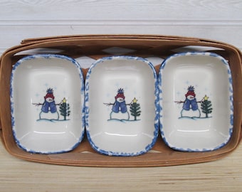 Workshops of Henn/3 Blue Spongeware Dishes in a Henn Basket/Snowman/Christmas Henn Stoneware Made in the USA