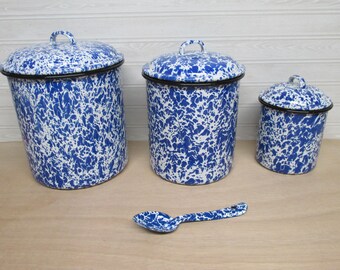 Vintage CGS Enamelware Canisters/Set of 3 Blue and White Splatterware/Bonus Spoon/Farmhouse Kitchen
