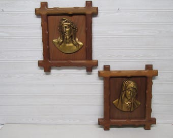 Beautiful Mid Century Wood and 3D Brass Jesus Christ and the Madonna Wall Set
