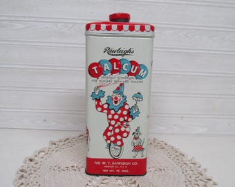 Rawleigh's Talcum Powder Circus Theme Tin/Clown Decor/Nursery Bath Powder Tin