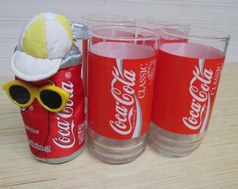 Set of 4 Coca Cola Classic Drinking Glasses/Bonus Bean Bag Plush Can