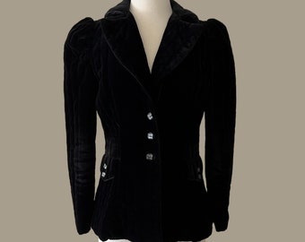 Vintage-Blazer aus schwarzem Samt, gesteppt, Größe Modern X-Small - Klein