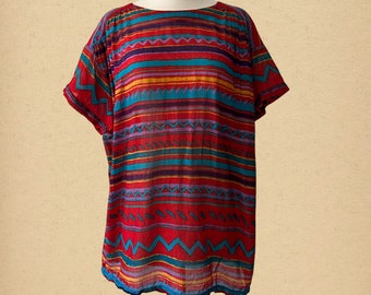 Vintage Cotton Patterned Oversized Blouse Tunic, Size Women's Large