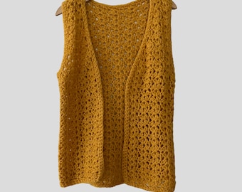 Vintage Kids Marigold Yellow Crochet Open Cardigan Sweater Vest